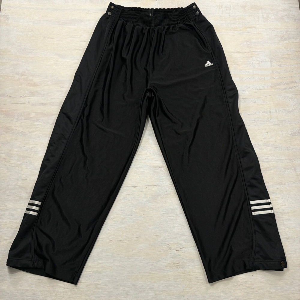 Adidas Tearaway Track Pants Mens Large Black 3 Stripe Snap Shimmer Silky